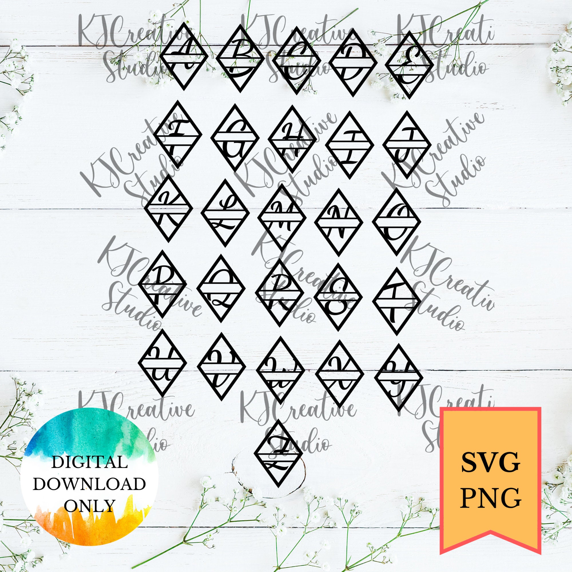 Diamond Shape Split Monogram Alphabets Font Individual Letters Bundle ...