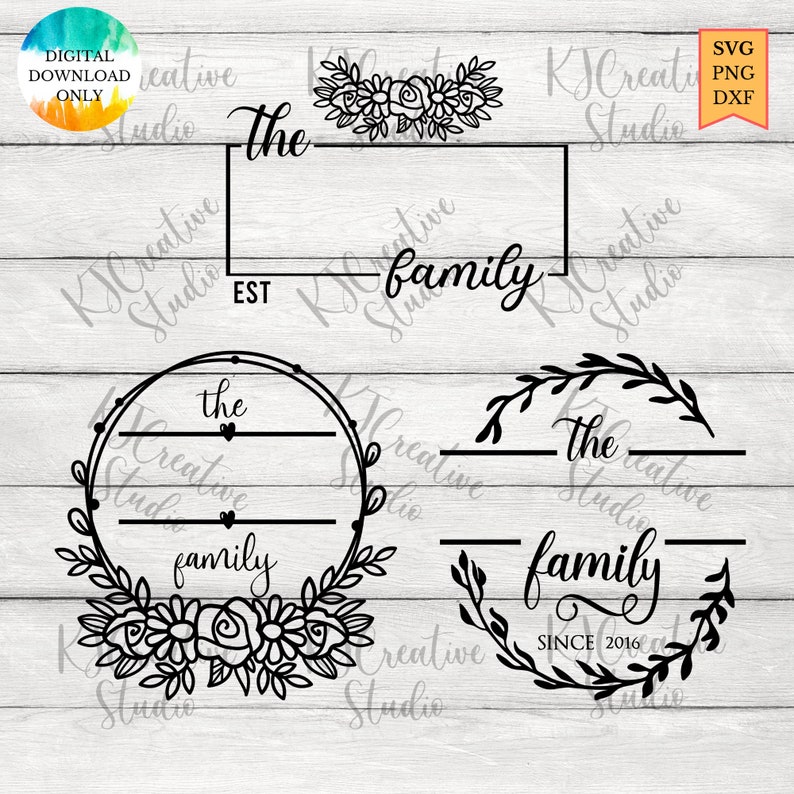 May include: Two black and white family name sign designs. The first design features a wreath with flowers and the text "the family". The second design features a wreath with leaves and the text "the family since 2016".