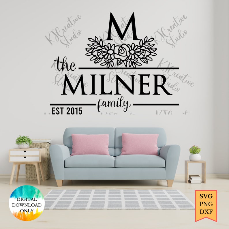 May include: Black and white design for a family name sign with the last name "MILNER" and the text "the" and "family" above and below the name. The initial "M" is in a large font and is surrounded by a floral design. The text "EST 2015" is below the name.