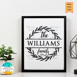May include: Black and white digital download of a wreath with the text "The Williams Family" inside. The wreath is made of leaves and branches.
