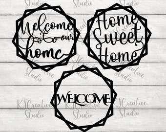 Benvenuti nella nostra casa in ottagoni Forma Monogramma SVG - Cartello della porta d'ingresso SVG - Saluto SVG - Home Decor Svg / Png / Dxf Cut Files