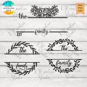 May include: Four different designs for a family name sign. Each design features a wreath of leaves and the words "the" and "family".
