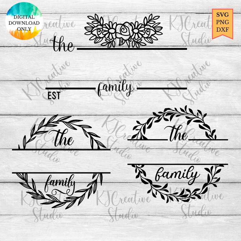 May include: Four different designs for a family name sign. Each design features a wreath of leaves and the words "the" and "family".