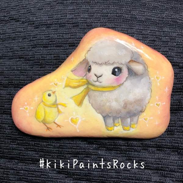 Lamb and Chick Painted Rock ~ Cute Baby Sheep and Chick in Yellow Scarves ~ Original Art  ~ Hand Painted Rock ~ Unique Home Decor