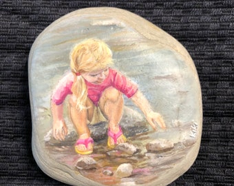 Little Girl Playing in Stream ~ Hand Painted Rock ~ Original Art ~ Unique Home Decor ~ Gift Idea for Mom, Grandma, Art and Nature Lovers