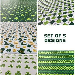 May include: Set of five St. Patrick's Day themed digital paper designs. The designs feature green shamrocks, green and white checkered patterns, green and white zigzags, and a white background with green shamrocks, gold coins, beer mugs, and leprechaun hats.
