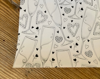 Hearts and Champagne Glass Wrapping Paper - set of 10 sheets