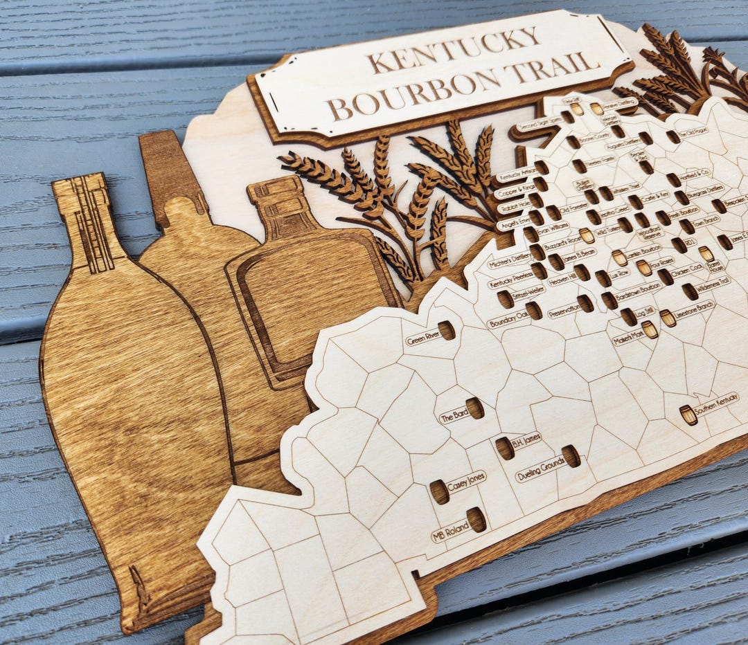 Handcrafted Wooden Kentucky Bourbon Trail Map with Mini Barrels