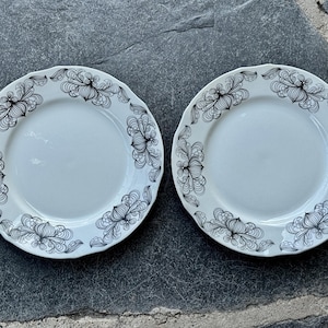 Puede incluir: Dos platos de cerámica blanca con borde festoneado y diseño floral negro en el borde. Los platos son redondos y tienen una estética sencilla y elegante, adecuada para servir alimentos.