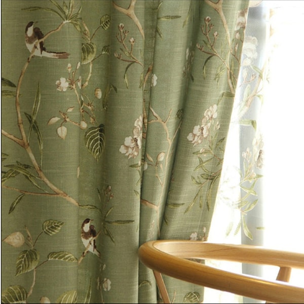 American Type New Blackout Curtains, Birds printed Green Rod Pocket Curtains, Custom Cotton Linen Window Panels for Living Room & Bedroom