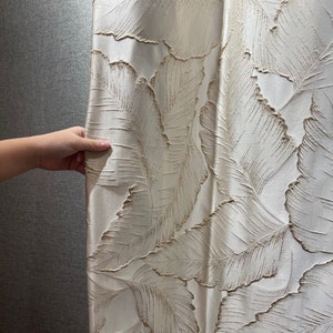 New Embossed Modern Blackout Curtain, Custom Gold Thread Jacquard Beige Leaf Three-dimensional Drapes, Luxury Window Panel for Living Room