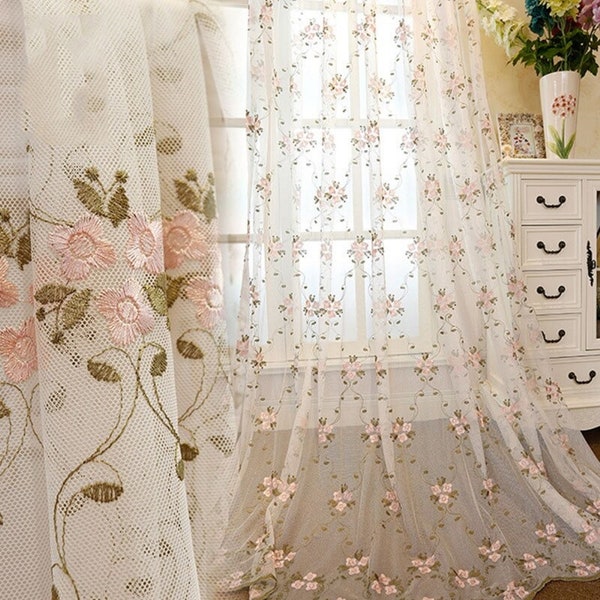 Rideaux transparents de fleurs en dentelle douce rose, broderie élégante Drapés de mariage en tulle floral, panneaux de fenêtre en voile uniques pour le salon et la chambre à coucher