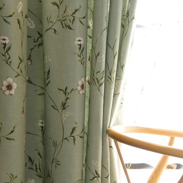 New Floral Pattern Long Blackout Curtains, Flower Printed Green Grommet Drapes, Custom Cotton Linen Window Panels for Living Room & Bedroom