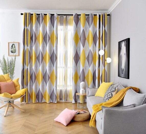 Custom Nordic Style Blackout Curtains Rhombus Yellow Geometric Etsy