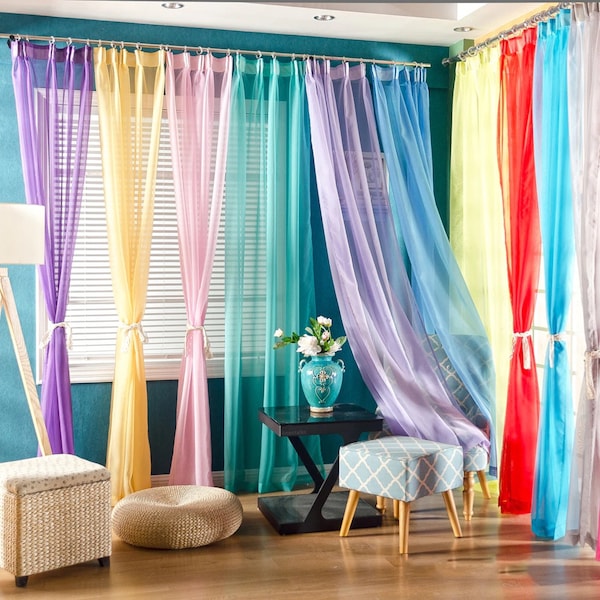 American & European Style Sheer Curtains, Tulle Voile Rainbow Color Solid Curtains, Custom Rod Pocket Window Panels for Living Room, Bedroom
