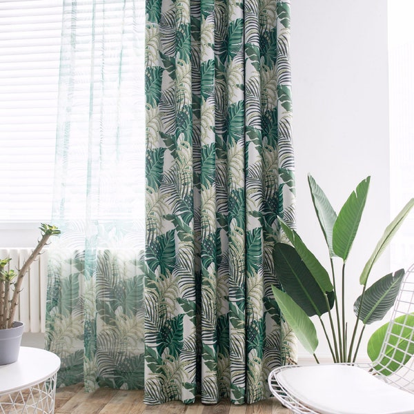 New Tropical printed Blackout Curtains, Green Leaves Palm Tree Pattern Drapes, Custom Long Colorful Window Panels for Bedroom & Living Room
