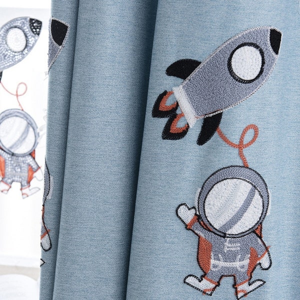 Cartoon Outer Space Rocket Embroidered Blackout Curtain | Kids Room Decor | Fun Astronaut | Nursery Window Treatment | Boys' Bedroom Curtain