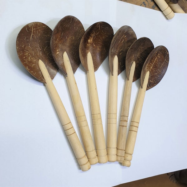 Handmade Coconut Shells Wooden Spoons - 20'',24'' Cooking Spoon, Hand Carved, Made in Sri Lanka with Actonia  wood