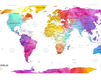 Colourful World Map Etsy Colourful World Map Etsy