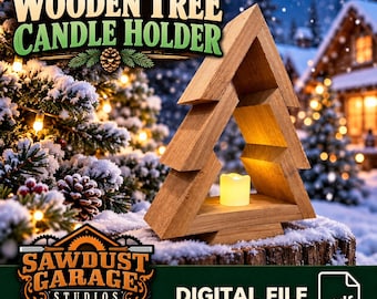 May include: A triangular wooden tree candle holder with a light brown finish, featuring a hollow center containing a small, glowing, battery-operated LED tea light candle. The text WOODEN TREE CANDLE HOLDER and DIGITAL FILE .pdf are visible.