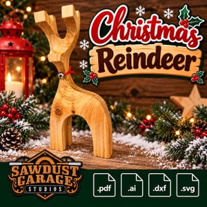 May include: A light-coloured wooden reindeer figurine with a small silver bell tied around its neck with a red string. The text Christmas Reindeer is displayed in red and brown script above the wooden figure, alongside file format icons.