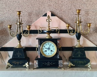 Mid 19th C., Japy Freres Three Piece Mantle Clock and Candelabras, Antique French Napoleon III Second Empire Slate Marble and Ormolu Set