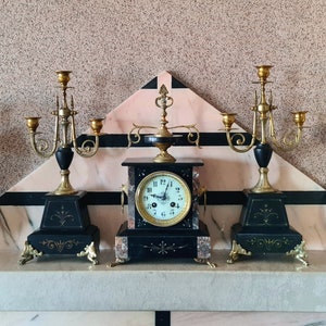 Mid 19th C., Japy Freres Three Piece Mantle Clock and Candelabras, Antique French Napoleon III Second Empire Slate Marble and Ormolu Set image 1