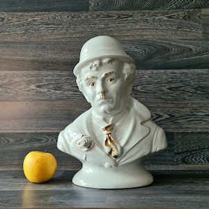 Peter Mook, Charlie Chaplin White Porcelain Bust Sculpture With Gold Accents
