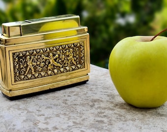 Principios del siglo XX, coleccionable Erhard & Söhne ART NOUVEAU Mesa/Escritorio Encendedor rectangular de latón, Hecho en Alemania#17