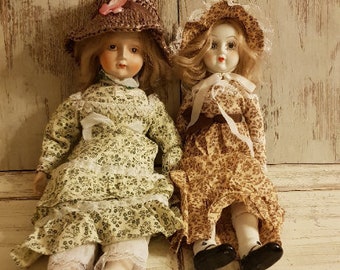 Set of Two Vintage Bisque Porcelain Dolls, Hand Made and Hand Painted,Excellent Condition
