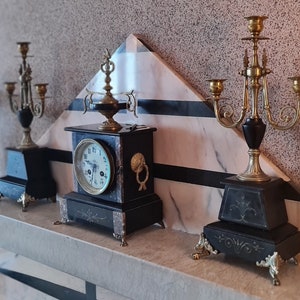 Mid 19th C., Japy Freres Three Piece Mantle Clock and Candelabras, Antique French Napoleon III Second Empire Slate Marble and Ormolu Set image 9