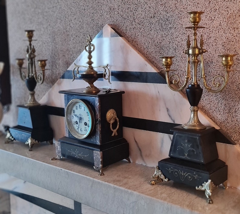 Mid 19th C., Japy Freres Three Piece Mantle Clock and Candelabras, Antique French Napoleon III Second Empire Slate Marble and Ormolu Set image 9
