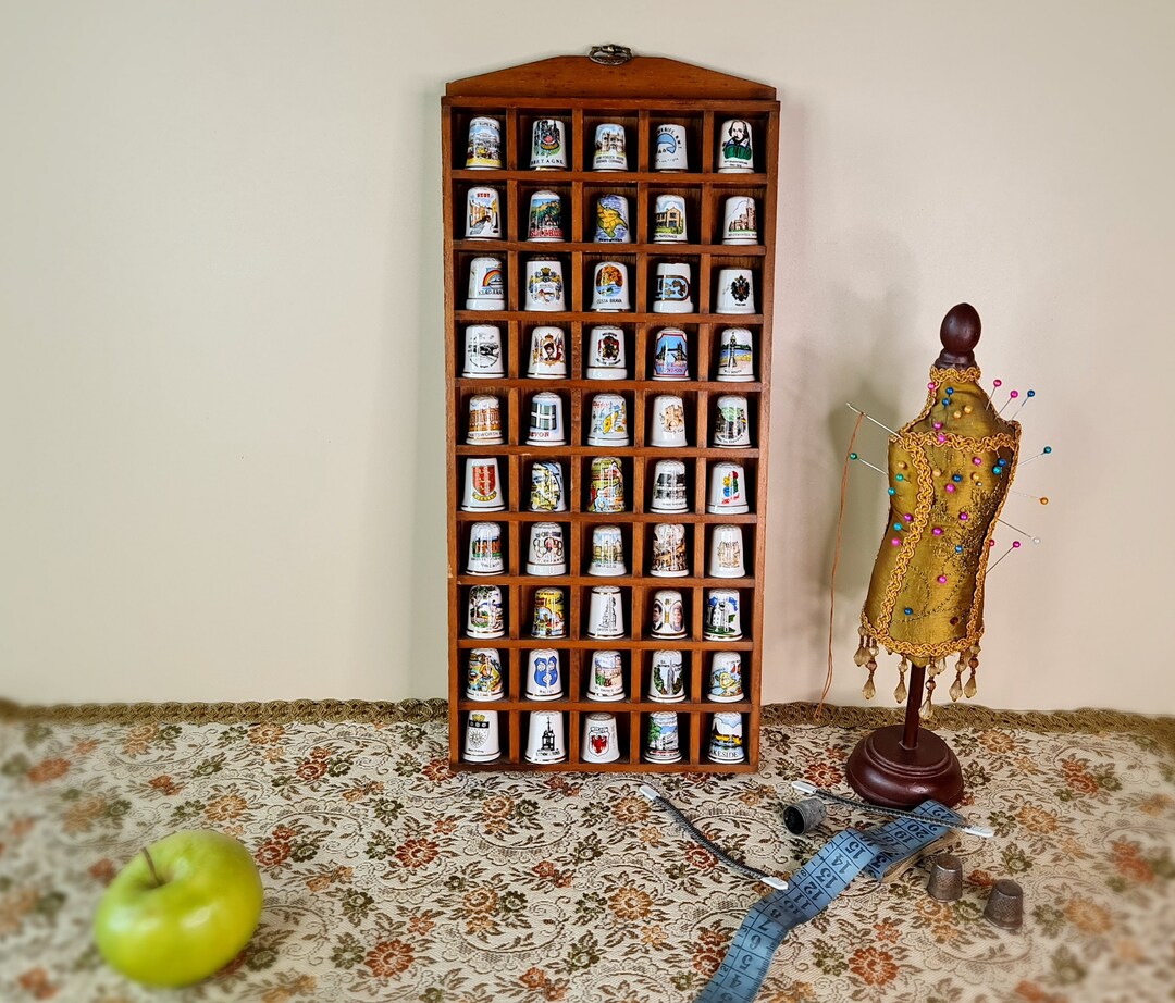 Collection of 50 Vintage Porcelain Thimbles, Wooden Display Rack/ Stand ...