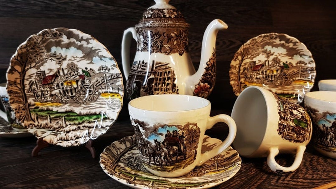 1828 Royal Tudor Porcelain/ Ironstone Coaching Taverns Tea Set of