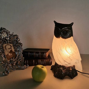 1996, Tin Chi Andrea by Sadek Bronze and Glass Owl Lamp, Accent/ Table/ Desk Lamp, Signed and Dated #17