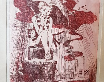 May include: A red and white print of a girl sitting on a basket under an umbrella with birds flying overhead. The girl is holding her hands to her face and looks worried. The print is titled "Сотворение" and signed "Е. Ален Таргов".