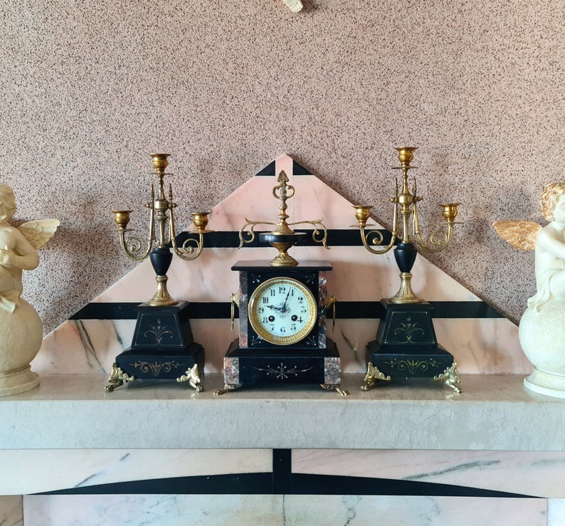 Mid 19th C., Japy Freres Three Piece Mantle Clock and Candelabras, Antique French Napoleon III Second Empire Slate Marble and Ormolu Set image 1