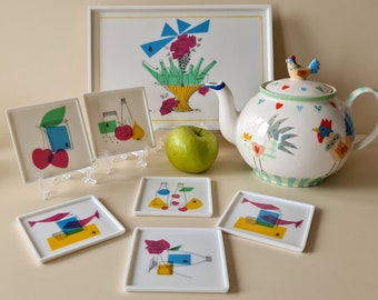 1960's, Ornamin Germany, Quality Hard Plastic Tray and Six Coasters in Bright Colours,Cubist Drawings,Mint Condition#12