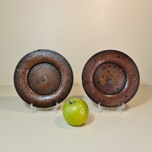 Set of Two Vintage Asian/ Oriental Hand Crafted/ Hammered Copper/ Brass Platters/ Plates, Hand Painted Peacock, Stands included#10