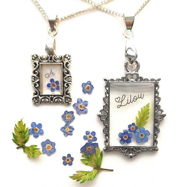 CADEAU MÈRE FILLE,  Meilleures amies, Collier 50cm, Mini Cadres Personnalisables Myosotis et Initiales, Cadeau Duo, 2 tailles différentes