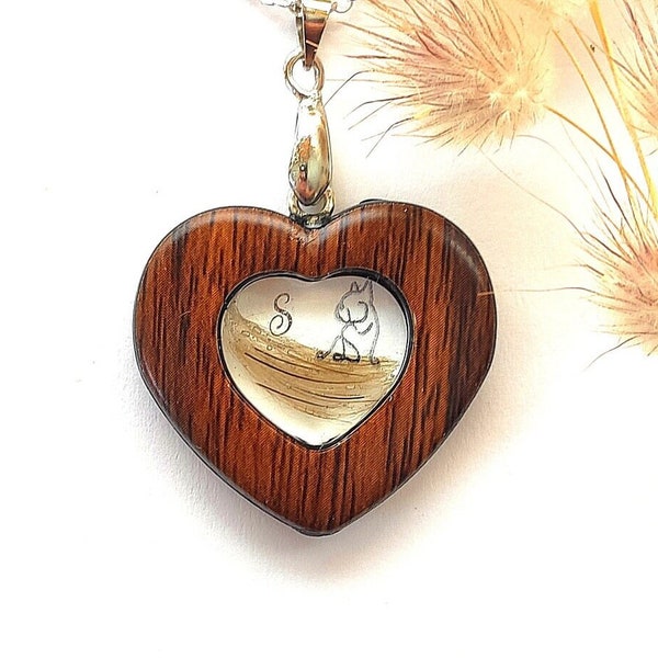 Mèche de Cheveux, Pendentif COEUR, Fourrure d'Animal, Collier Avec INITIALE, Bijou Commémoratif, Acrylique imitation BOIS, Cadeau pour Femme