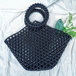 Handmade Beaded Pearl Tote Bag – Black Summer Purse with Round Handle, Boho Vacation Handbag, Coastal Style Accessory, elegant black bag