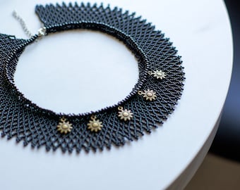 Set of single color seed beaded black collar necklace sylianka and necklace with sun pedants
