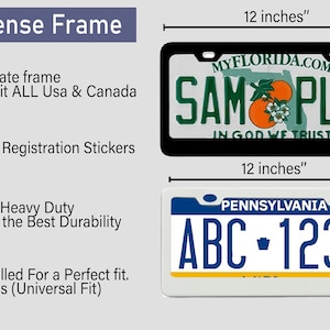 May include: A black metal license plate frame with a white license plate inside. The license plate says "SAMPLE" and has the text "MYFLORIDA.COM" and "IN GOD WE TRUST". The frame is 30.5 cm by 15.2 cm.