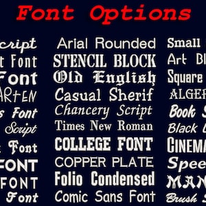 May include: A list of different font styles in white text on a dark blue background. The text reads "Font Options" in red at the top of the image. The font styles include: Flair Script, Handi Craft Font, Hobo Font, KINDERGARTEN, Flash Sans Font, Ballantines Script, Woodstock Font, MISMO FONT, FUTURA FONT, Anaconda Font, Arial Rounded, STENCIL BLOCK, Old English, Casual Sherif, Chancery Script, Times New Roman, COLLEGE FONT, COPPER PLATE, Folio Condensed, Comic Sans Font, Small Serif Font, Art Block Font, Square Block Font, ALGERIAN FONT, Book Script Font, Black Light Roman, CINEMATOGRAFICA, Speedy Font, MANDARIN, Brush Script Font.