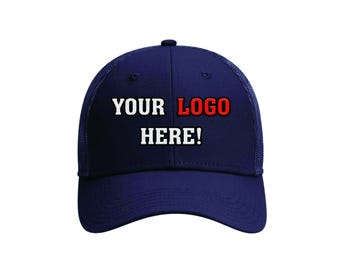 May include: Navy blue baseball cap with the text "YOUR LOGO HERE!" in white and red. The cap has a mesh back and a curved brim. A promotional item for businesses or organizations.