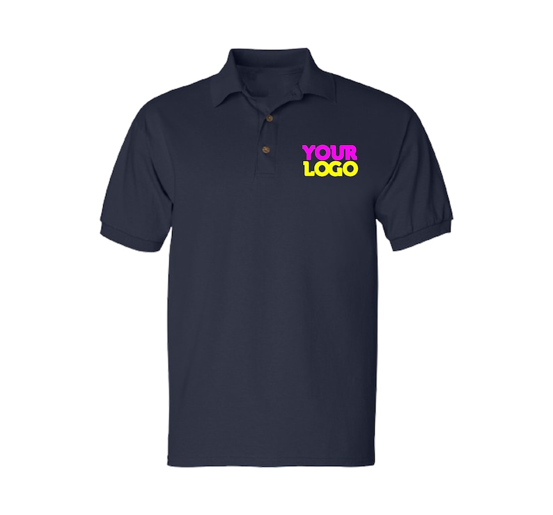 May include: A navy blue polo shirt with a yellow "YOUR LOGO" text in pink letters.