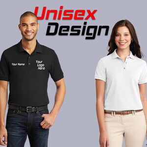 May include: Two people wearing black and white polo shirts with the text "Your Name" and "Your Logo Here" embroidered on the shirts. The text "Unisex Design" is written in red and black letters above the people.