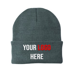 May include: Grey beanie with the text "YOUR LOGO HERE" in white and red lettering.