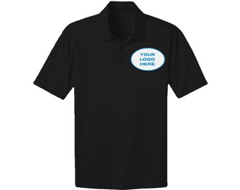 May include: Black polo shirt with short sleeves and a collared neckline. The shirt features an oval patch on the chest with the text "YOUR LOGO HERE" in a blue font, outlined in blue. The shirt is made of a smooth fabric.